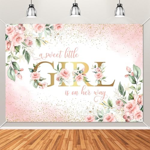Avezano Girl Baby Shower Backdrop Pink Floral Sweet Baby Baby Shower Banner A Sweet Little Girl is on Her Way Party Decorations Banner (8x6ft) by AVEZANO