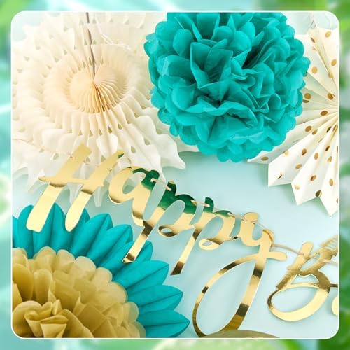 SUNBEAUTY Teal and Gold Party Decorations Teal Birthday Decorations for Women Teal Blue Hanging Paper Fans Tissue Pom Poms Happy Birthday Banner for Baby Showers Wedding Engagement Party - Image 4