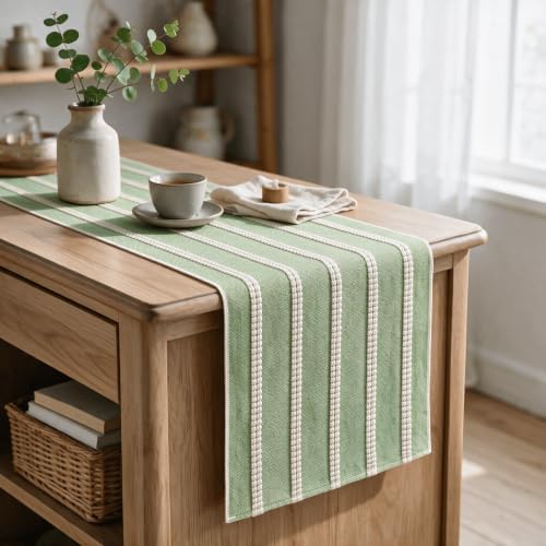 Artoid Mode Sage Green Farmhouse Dashed Stripe Table Runner, Seasonal Holiday Spring Boho Rustic Kitchen Dining Table Decoration for Home Party Decor 12x90 Inch - Image 3