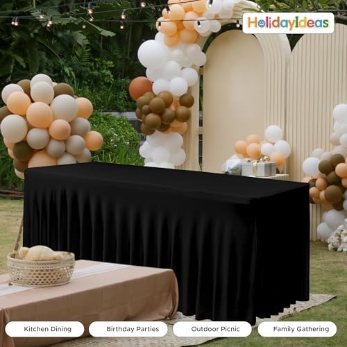 4 Pack Black Spandex Table Covers 8ft Rectangle Ruffle Skirts for Party - Image 4