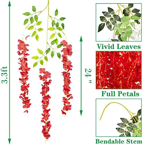 AITISOR 24 Pack Artificial Fake Wisteria Vine Ratta (3.75 Feet) Hanging Garland Silk Flowers String Home Party Wedding Decor (Red) - Image 2
