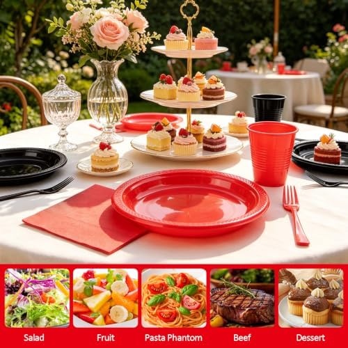 200pcs Red and Black Plastic Plates Party Supplies, Disposable 9’’ Dinner Plates and Napkins, Cups & Cutlery Plastic Dinnerware Set for Birthday, Halloween, Christmas, Serves 50 Guests - Image 3