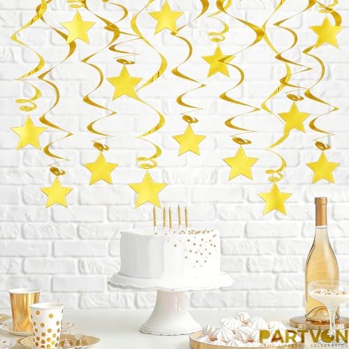 Gold Hanging Swirl Decorations - 30 Pack Metallic Ceiling Swirls with Foil Stars, Plastic Streamers for Graduation, Wedding, Birthday, Easter, New Year's Eve Party Supplies - Image 4