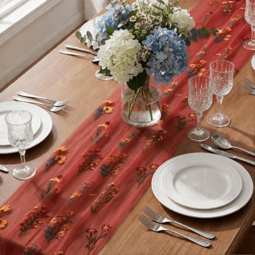 Artoid Mode Wildflower Red Gauze Embroidery Table Runner 120 Inch 10FT - Image 5