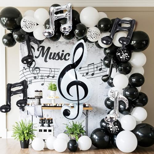 Music Note Balloon Garland Kit，129pcs Black White Musical Note Balloons, Treble Clef Eighth Note Foil Balloons for Music Party Decoration, Concert, Recital, Rock Star Birthday, Graduation, Baby Shower by TiAaihion