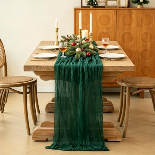 Christmas Table Runner, 10FT Cheesecloth Emerald Green Table Runners 35*120inch Rustic Vintage Table Runner for Christmas Holiday Indoor Home Kitchen Table Party Decorations - Image 4