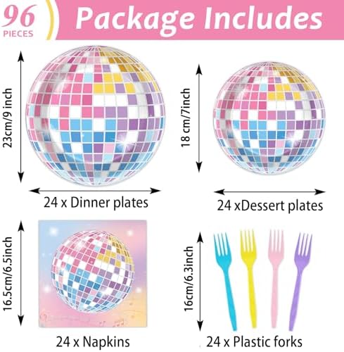 96Pcs Disco Ball Party Decorations Singer Plates and Napkins Colorful Disco Ball Dessert Plates Music Themed Birthday Tableware for 24 Guests Music Lover Birthday Wedding Anniversary Party Supplies - Image 2
