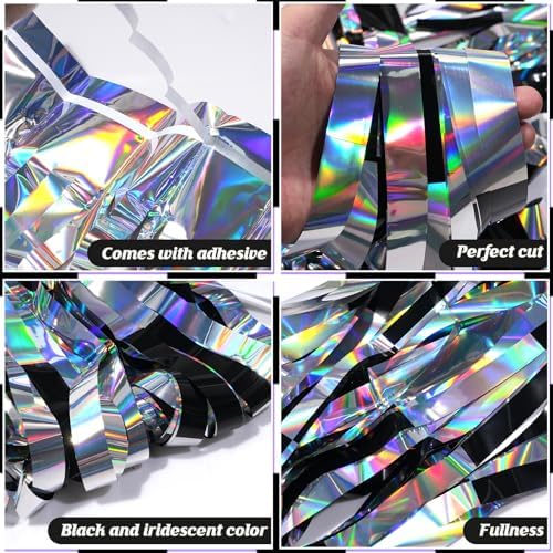 4 Pack 3.3Ft x 6.6Ft Race Car Checkered Foil Fringe Curtain Backdrop Decorations, Black Iridescent Metallic Tinsel Foil Streamers Curtain Photo Booth for Race Car One Happy Dude Birthday Party Decor - Image 3