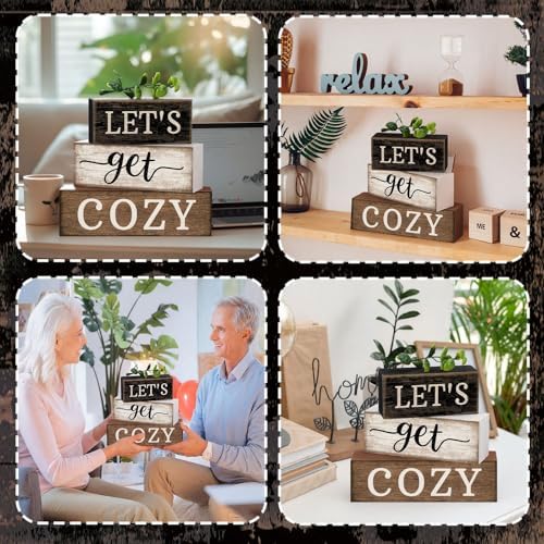 Moucuny 4 Pcs Farmhouse Table Decor Inspirational Wood Signs Let's Get Cozy - Image 4