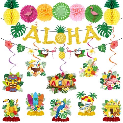 Hawaiian Aloha Party Decorations, 20PCS Hawaiian Tropical Luau Banners with Hanging Swirls Decoration, Flamingo Pineapple Paper Fans Pom Poms and Honeycomb Centerpieces Decor for Summer by Deorfuy