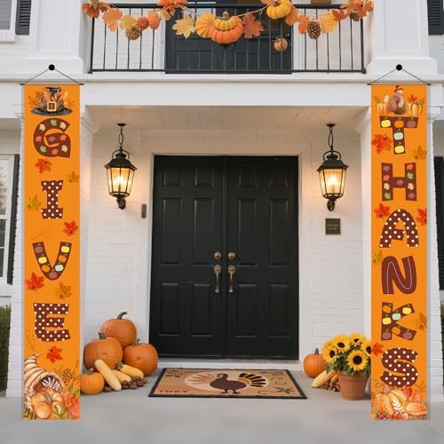 OHOME Thanksgiving Decorations - GIVE THANKS Porch Banner | Fall Decor for Indoor Outdoor Outside - Friendsgiving Party Decorations Autumn Pumpkin Welcome Door Sign for Home Yard Wall - Image 4