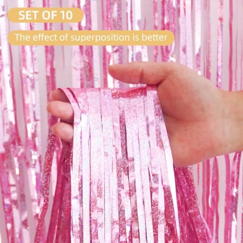 10 Pack Pink Foil Curtain Backdrop 3.2ft x 9.8ft Metallic Tinsel Foil Fringe Curtains Streamer Photo Booth Backdrop for Birthday Party Engagement Bachelorette Party Decorations - Sparkle Pink - Image 2