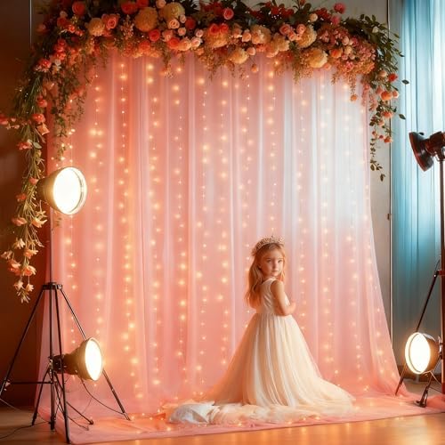 30x8ft Peach Tulle Backdrop Curtain with Lights String for Parites, Sheer Photo Backdrop Curtains for Easter Wedding Baby Shower Birthday Party Photo Shoot Decorations - Image 4