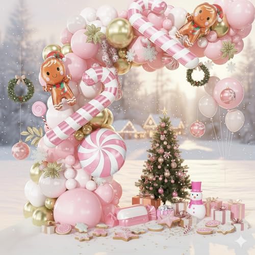 Pink Christmas Balloon Arch Kit, Pastel Baby Pink White Gold Christmas Balloons with Gingerbread Man Candy Cane Swirl Lollipop Foil Balloon for Xmas Birthday Baby Shower Party Decorations - Image 5