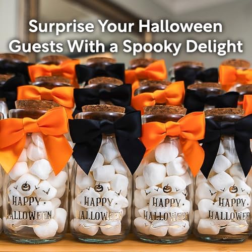 Ethisa Vintage 12 Pack Halloween Glass Jars with Ribbons and Stickers - Candy Party Favors for Trick or Treat - Halloween Party Favors and Table Centerpieces Decorations - Halloween Theme Potion Jars - Image 3