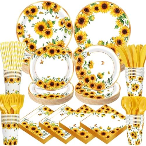 450 Pcs Sunflower Birthday Tableware Set, Serve 50, Yellow by Unknown