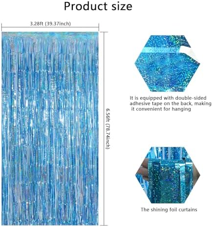 Light Blue Metallic Streamer Backdrop with Glitter Tinsel,3.28 x 6.56ft Foil Fringe Curtains for Gender Reveal & Ocean Theme Wall Hanging Party Supplies, Birthday/Wedding/Photoshoot - Image 4