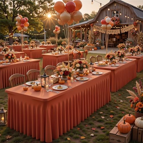 Wish Care 6 Pack Rust Spandex Table Clothes for 8 Foot Rectangle Tables, 8FT Wrinkle Free Fitted Tablecloths Ruffles Design Table Cloth for Party, Banquet, Wedding and Events - Image 2
