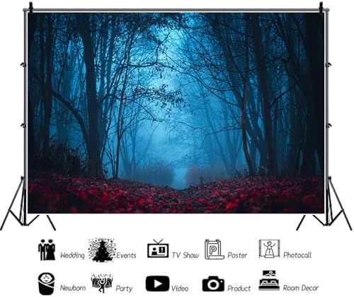 Autumn Forest Backdrop for Halloween Eve Party Mystic Blue Red Maple Leaves Foggy Woods Pathway Thanksgiving Background Photography Studio Photo Booth Props 15x10ft - Image 6