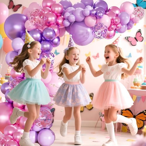 Pink Purple Balloon Garland Arch Kit,160Pcs Metallic Purple Magenta Balloons Pink and Purple Confetti Balloons with Heart Foil Balloon for Girl Birthday Bridal Baby Shower Party Decoration - Image 3