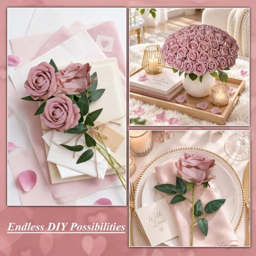 50 PCS Dusty Roses Artificial Flowers, Fake Roses with Stem Realistic Silk Roses for DIY Wedding Bouquets Tables Centerpieces Arrangements Baby Shower Birthday Home Decor Valentine's Day Gift for Her - Image 3