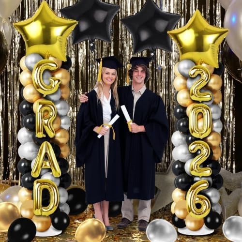 2 Sets Graduation Balloon Column Stand Kits with Balloons 2026 Grad Themed Decoration Navy Blue Balloon Tower Stand Kit for Grad High School & College Celebration Party Decor (Black Gold, 2) - Image 2