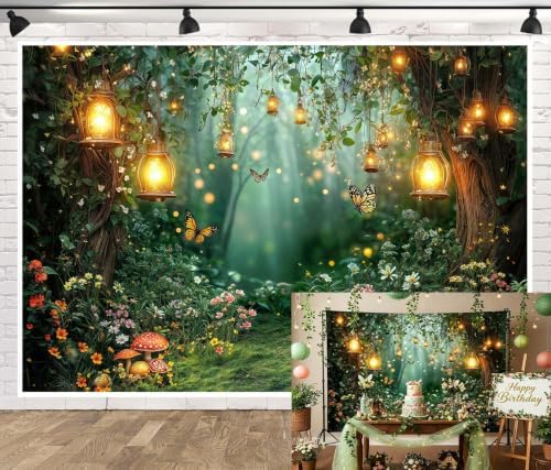 Spring Enchanted Forest Backdrop, Fairy Tale Wonderland Garden Backdrops for Photoshoot, Mushroom Butterfly Woodland Fairy Tea Party Decorations Photo Booth Studio Props Backdrops 9X6FT by Unknown