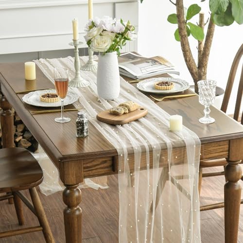 Artoid Mode Pearl Beige Gauze Table Runner 10FT Home Decor - Image 2
