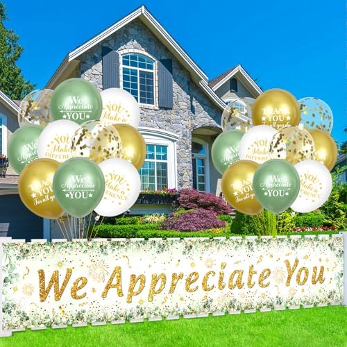 We Appreciate You Decorations Sage Green Appreciate You Banner Yard Sign with 18 Pcs Balloons Thank You for All You Do Banner Employee Staff Gifts Teacher Eucalyptus Leaves Appreciation Party Decor - Image 7