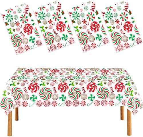4 Pack Christmas Candy Cane Plastic Tablecloths, 54 x 108 Inch by EUVBOKW