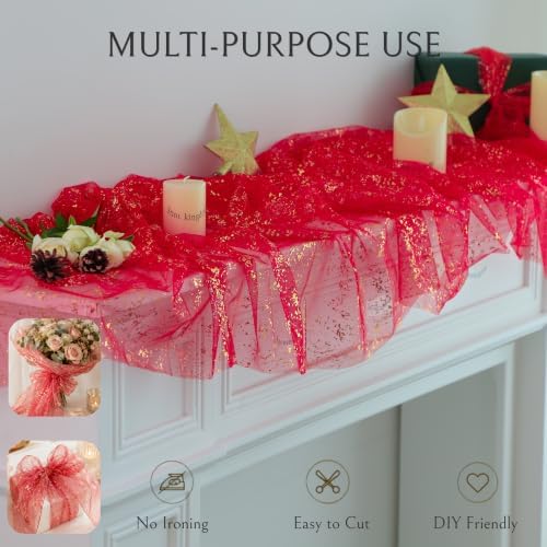 Snowkingdom 3Pcs 10Ft Red Gold Foil Gauze Sheer Table Runner - Image 6