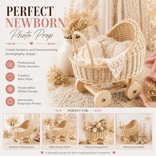 Wicker Baby Carriage for Baby Shower, Boho Centerpiece Decor, Handmade Rattan Flower Cart for Floral Arrangements & Photography Prop (13 Inch) - Image 7