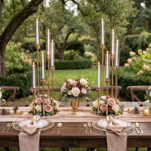 35in 2 Set Gold Candelabra Candle Centerpieces for Tables Candlesticks Holder Wedding Centerpieces Table Decorations Acrylic lampshade Fit 0.9" LED Candle 5 arm - Image 5
