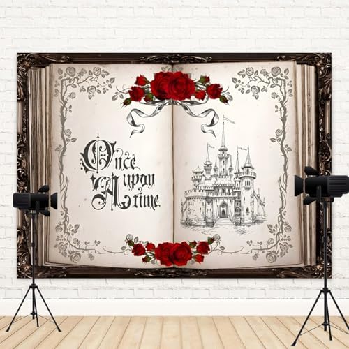 8x6ft Once Upon a Time Backdrop Princess Castle Wedding Party Photography Background Fairytale Book Romantic Story Red Roses Bridal Shower Decorations Birthday Portrait Photo Booth Prop - Image 4
