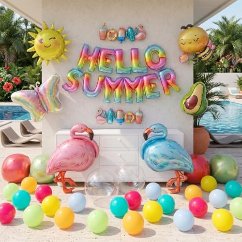 91 PCS "Hello Summer" Foil Balloon Decoration Kit, Tropical Summer Party with Flamingo Bee Butterfly Avocado Mylar Balloons All-in-One Set, Rainbow Letter for Pool Party, Beach Party, Summer Decor - Image 6