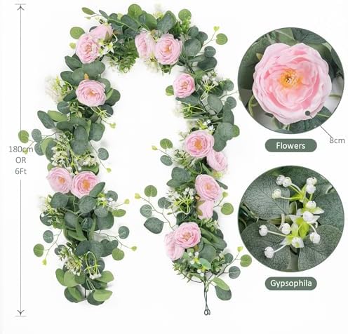 TOCHGREEN 2 Pack 13Ft Artificial Eucalyptus Flower Garland with Pink Roses - Image 5