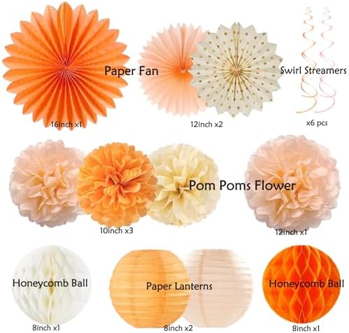 Orange-Peach Fall Boho Birthday Party Decorations - 62pcs Happy Birthday Banner, Beige Rustic Paper Lanterns, Streamers, Tissue Pom Poms, Burnt Orange Apricot Party Balloons, Fall Backdrop Decor - Image 3