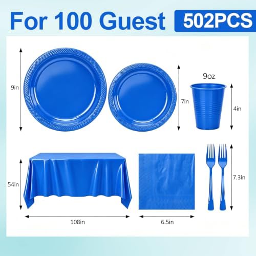100 Guests Blue Plastic Plates and Napkins Party Supplies for Birthday - Image 3