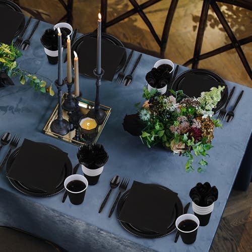Aodaer 400 Pieces Black Party Supplies Disposable Dinnerware Set Include Plastic Plates Cups Knives Forks Spoons Paper Napkins for Birthday Wedding Graduation Parties, Serve 50 Guests - Image 6