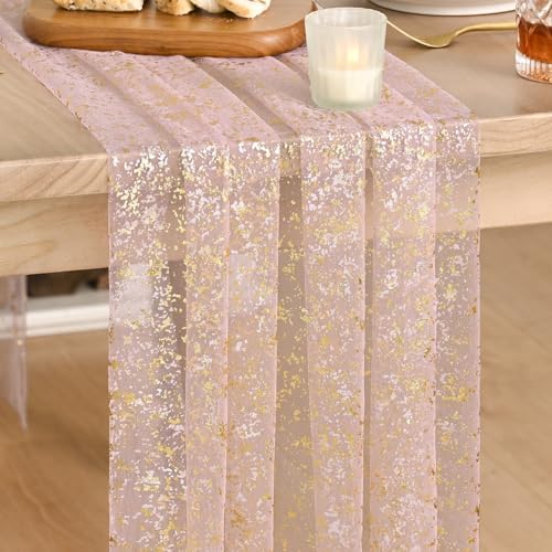 Artoid Mode 3PC Gold Gauze Pink Table Runner 120 Inch 10FT, Glitter Metallic Foil Sheer Dining Wedding Anniversary Holiday Birthday Table Decor for Home Party by ArtoidMode