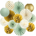 ADLKGG 14 Pcs Sage Green Gold Party Decorations, Paper Lanterns Fans Decor by ADLKGG