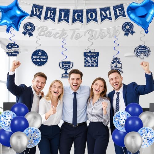 27pcs Welcome Back to Work Decorations Office Blue Silver Welcome Back to Work Banner Balloons We Missed You So Much Backdrop Hanging Swirls Table Centerpieces Foil Balloons for Back to Work Office - Image 7