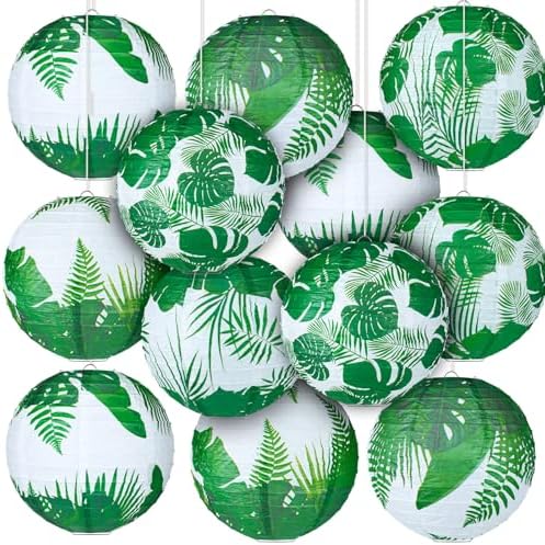 Panelee 12 Pcs Tropical Party Decorations Palm Leaves Paper Lanterns 8 Inch Hawaii Luau Summer Hanging Round Lanterns Decorations for Tropical Party Indoor Outdoor Decor by Panelee