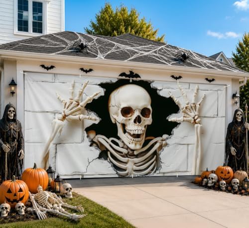 6 x 13 FT Giant Skull Halloween Garage Door Decorations Skeleton Garage Door Cover Hanging Banner,Horror Skull Backdrop Mural for Home,Outdoor,Indoor,Spooky Party,71 x 157 Inch by THISFIND