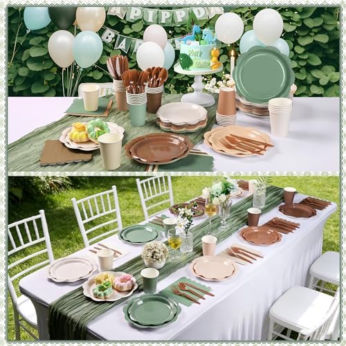 350 Pcs Woodland Baby Shower Party Supplies Set - Sage Green and Brown Paper Plates and Napkins Set Include Scalloped Paper Plate Napkin Cup Spoon Fork Knife for Safari Jungle Baby Shower Decorations - Image 3