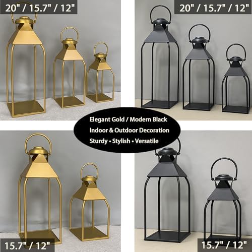 Decorative Metal Lanterns Indoor Outdoor, Candle Holder for Porch, Patio, Fireplace, Floor, Wedding, Christmas, Fall, Holiday, Farmhouse Table Centerpiece (Antique Gold, Set of 2 15.7" 12") - Image 5