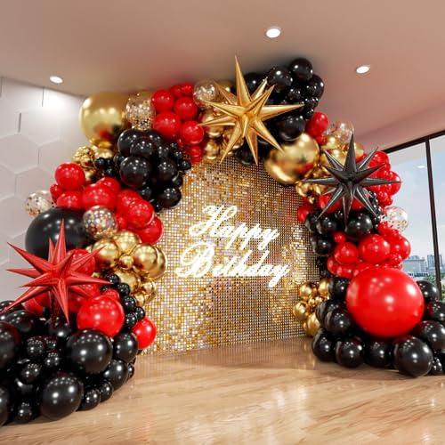 Red and Black Gold Balloon Arch Kit, 140Pcs Explosion Star Black and Red Metallic Gold Balloons 22 18 12 10 5 Inch Different Size Balloons for Birthday Casino Night Movie Night Decorations by ADOINBY