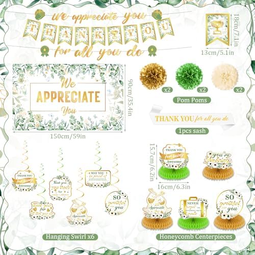 We Appreciate You Party Decorations Sage Green Gold Thank You for All You Do Banner Honeycomb Centerpieces Hanging Swirls Kit for Office Employee Pastor Teacher Doctor Appreciation Party Gift Decor - Image 3