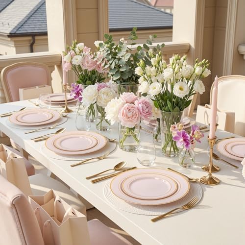 WDF Partyware 175PCS Pink plastic Plates - Pink Disposable Plates 25Guests Disposable Dinnerware Sets with Rolled Napkins for Wedding/Birthday/Baby Shower - Image 7