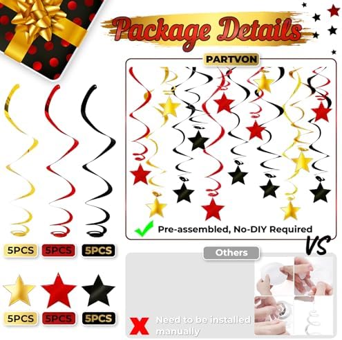 Red Black Gold Star Hanging Swirl Decorations - 30 Pcs Metallic Ceiling Swirls with Foil Stars, Plastic Streamers for Graduation, Casino Las Vegas Night, Movie Theme, Mouse Birthday Party Supplies - Image 3